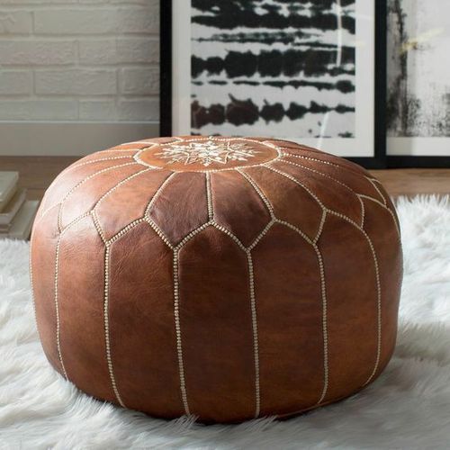 brown leather moroccan pouf