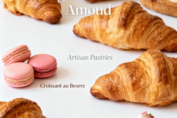 Catalogue complet des produits Amoud : gâteaux, plateaux salés, tartes, viennoiseries, pains et spécialités saisonnières (galette des rois, bûche de Noël, douceurs de Ramadan).