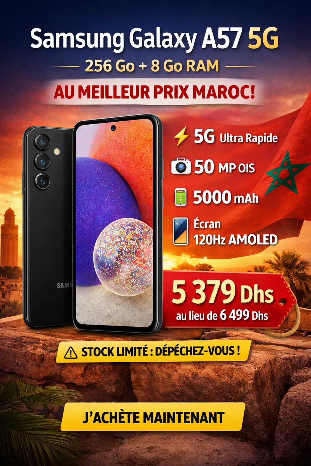 Samsung Galaxy A57 5G – 256 Go + 8 Go RAM au meilleur prix Maroc